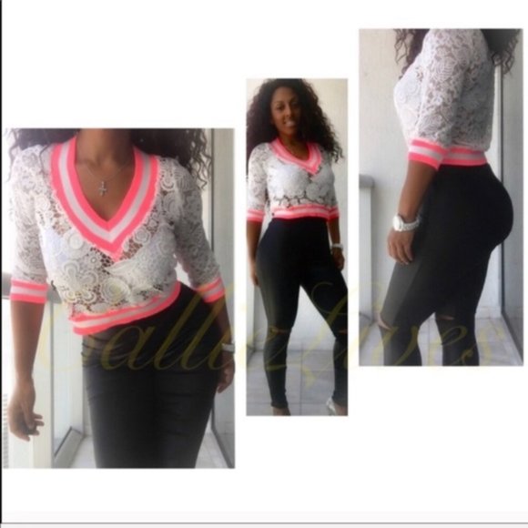 Lace Cardigan Pink Stripe White Varsity Top - Picture 3 of 5